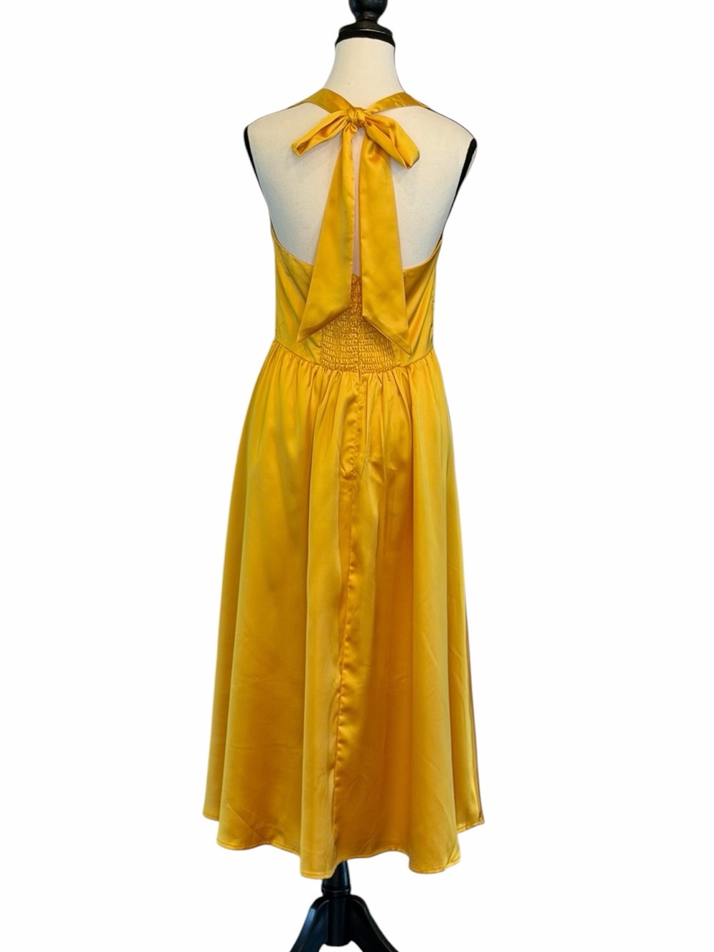 NWT RIHOAS Gold Satin Halter Midi Dress Open Back Tie Size Small - Picture 2 of 3